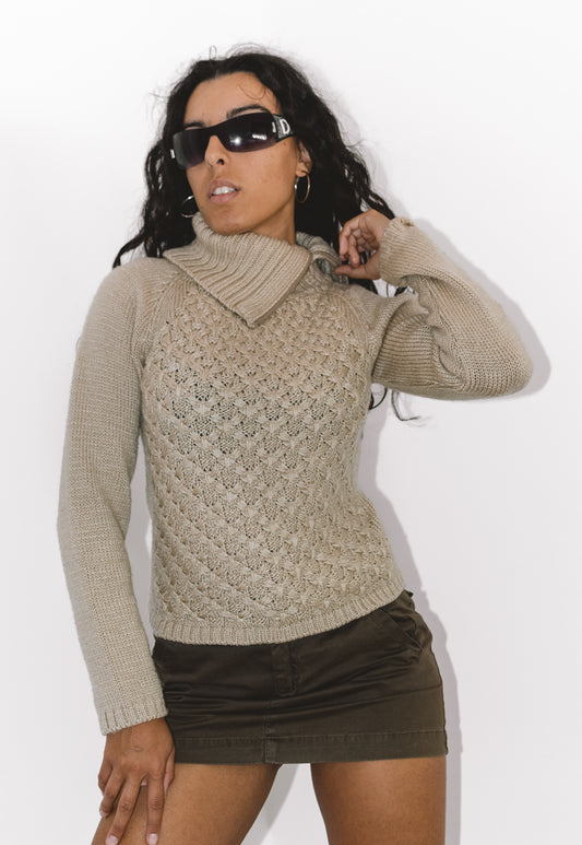 Vintage 90s Beige Turtleneck Wool Chunky Jumper