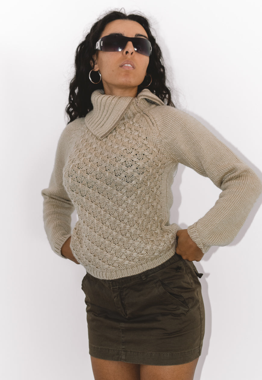 Vintage 90s Beige Turtleneck Wool Chunky Jumper