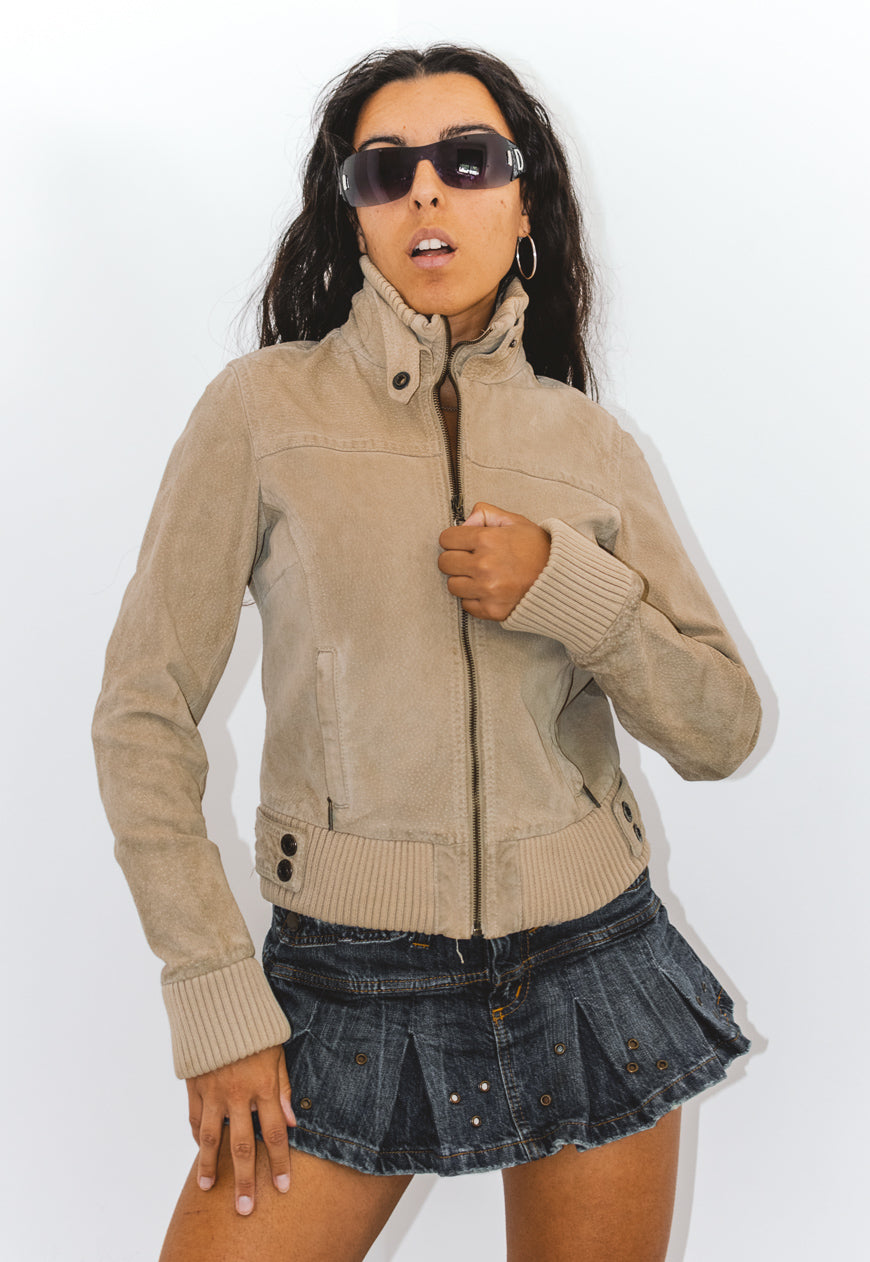 Vintage Y2K Beige Zipped Through Real Leather Jacket