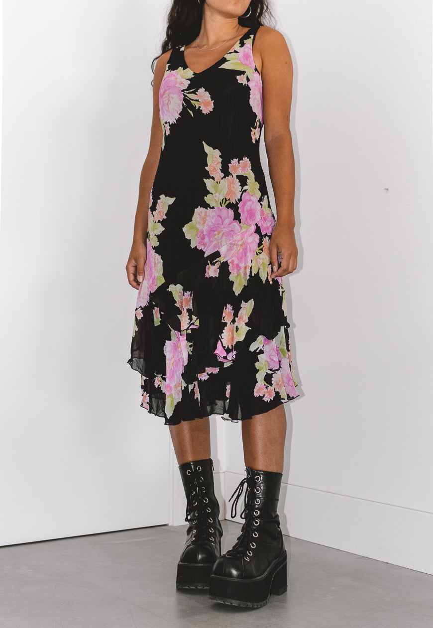 Vintage 90s Printed Floral Midi Dress in Black