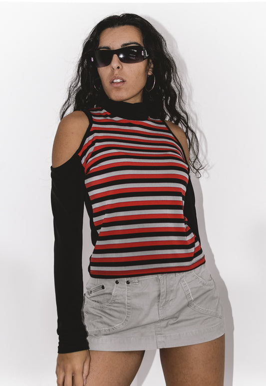 Y2K Grunge Turtleneck Cut out Top with Stripes