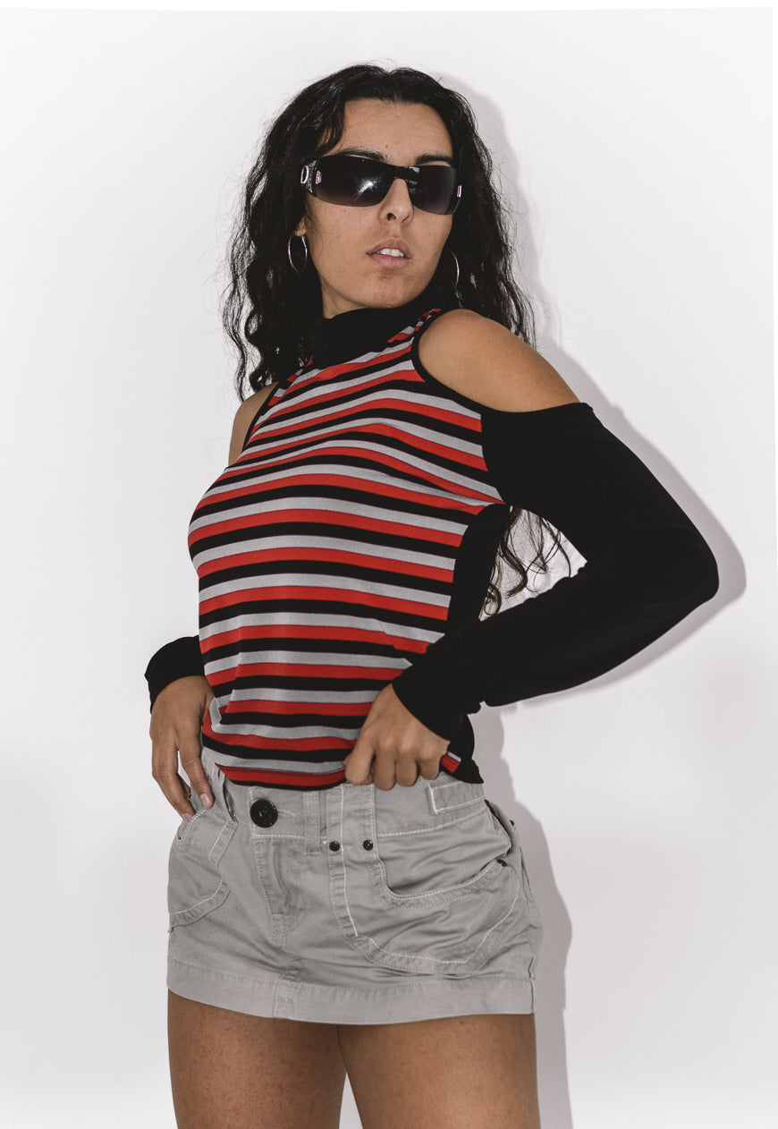 Y2K Grunge Turtleneck Cut out Top with Stripes