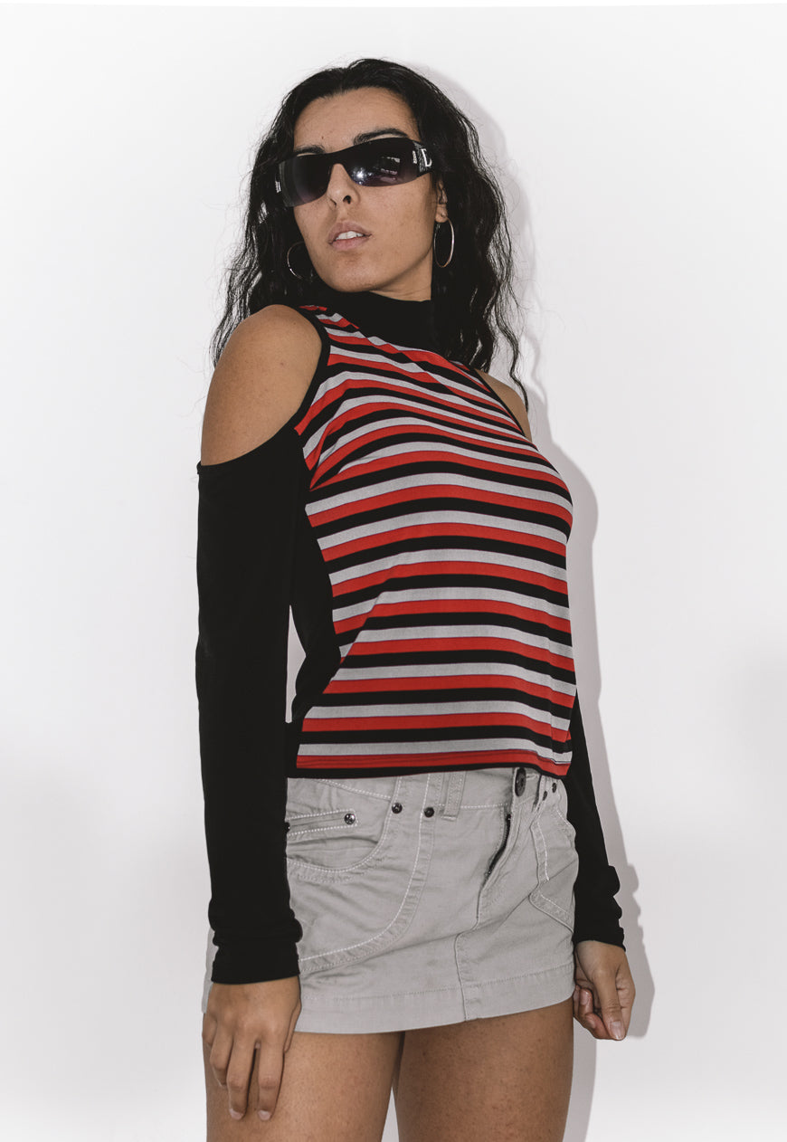 Y2K Grunge Turtleneck Cut out Top with Stripes