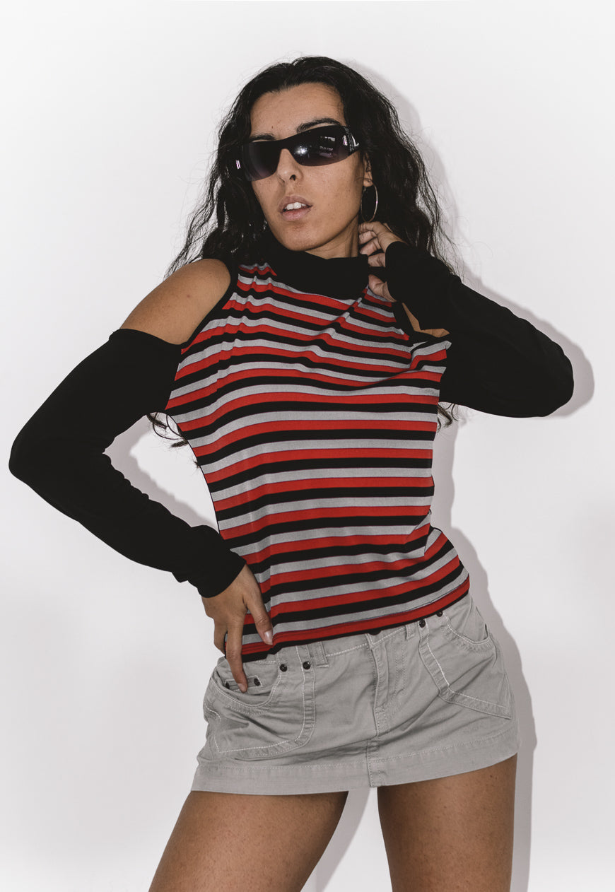 Y2K Grunge Turtleneck Cut out Top with Stripes