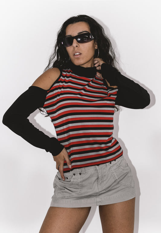 Y2K Grunge Turtleneck Cut out Top with Stripes