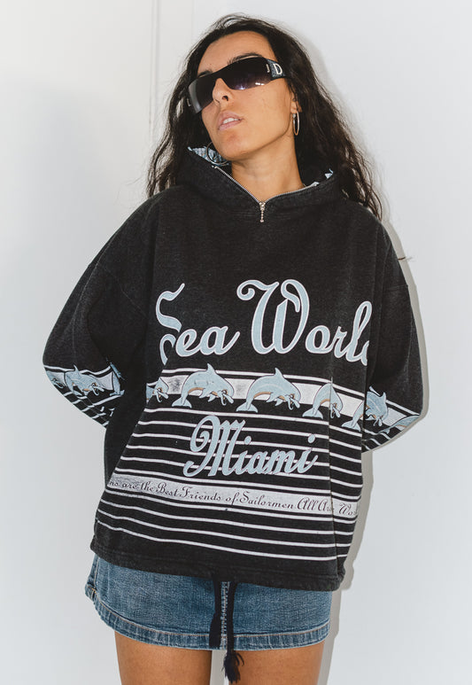 Vintage 90s Sea Animals Printed Graphic Hooded Sweatshirt