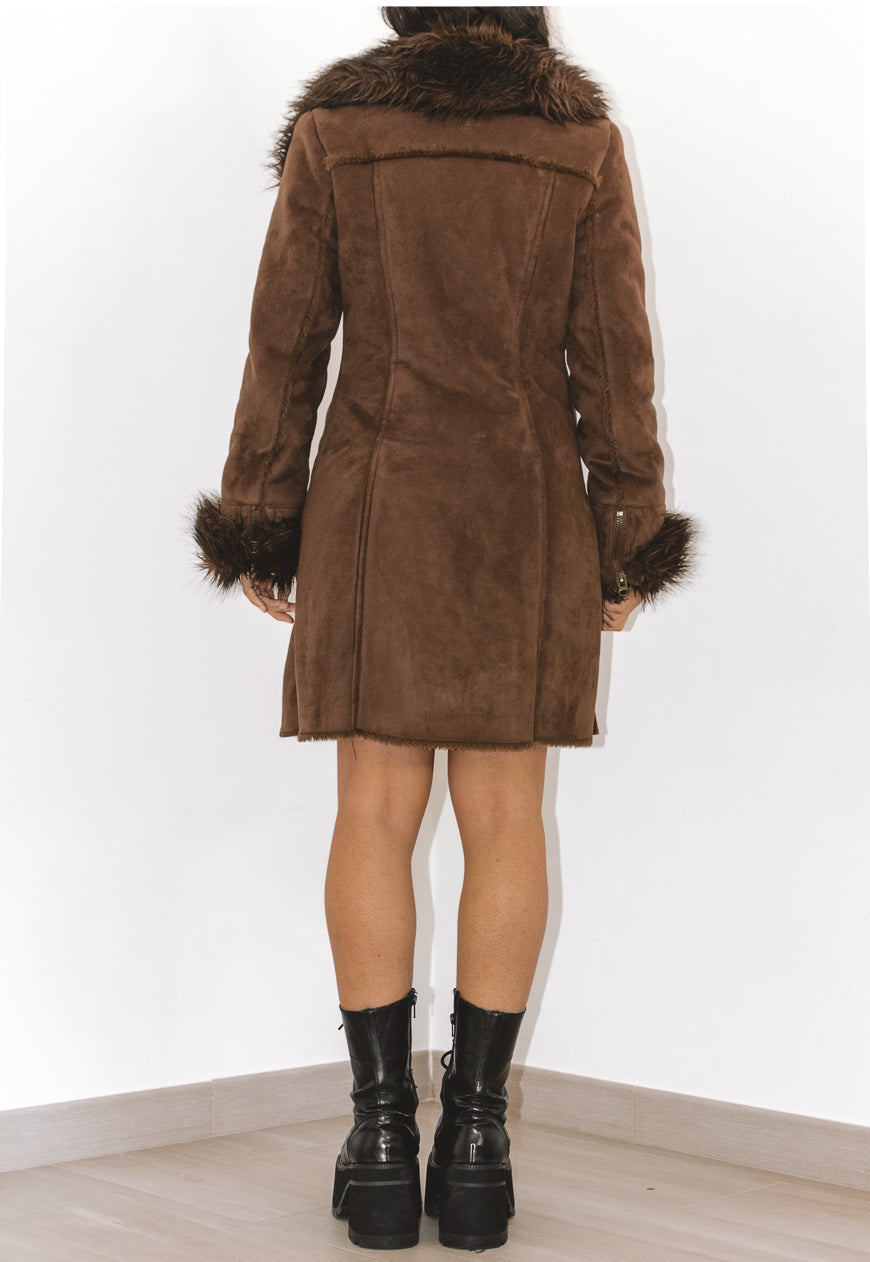 Y2k Fluffy Brown Fur Trim Coat