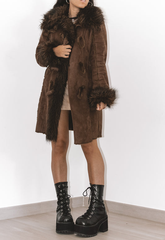 Y2k Fluffy Brown Fur Trim Coat