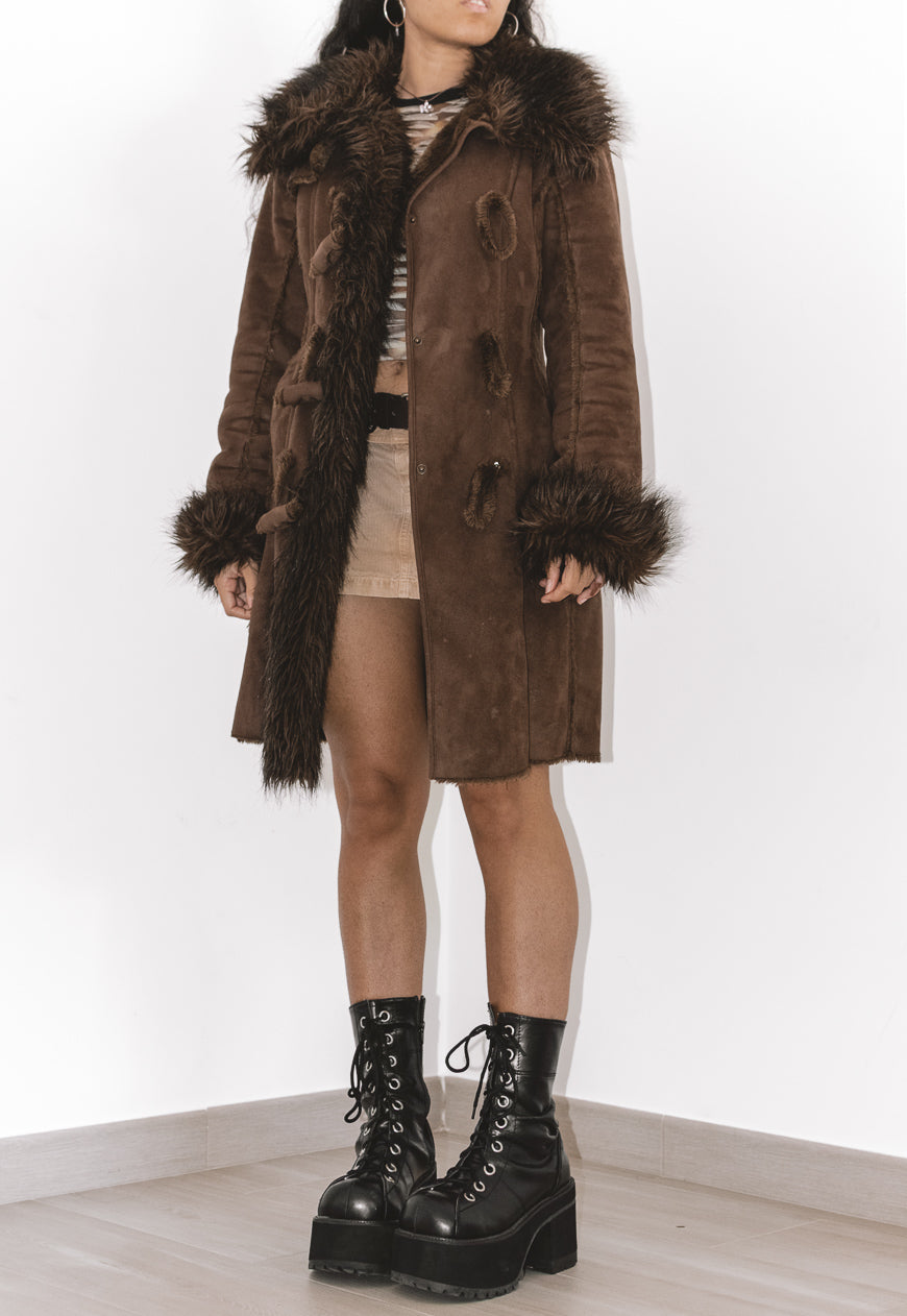 Y2k Fluffy Brown Fur Trim Coat