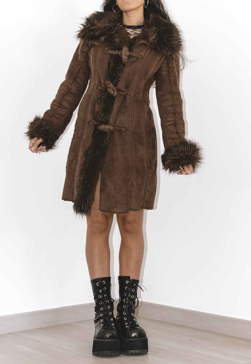 Y2k Fluffy Brown Fur Trim Coat