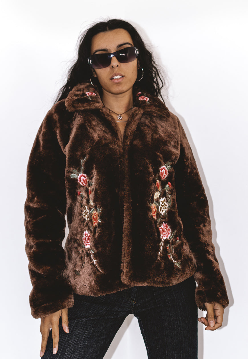 Vintage Y2K Embroidered Brown Faux Fur Jacket