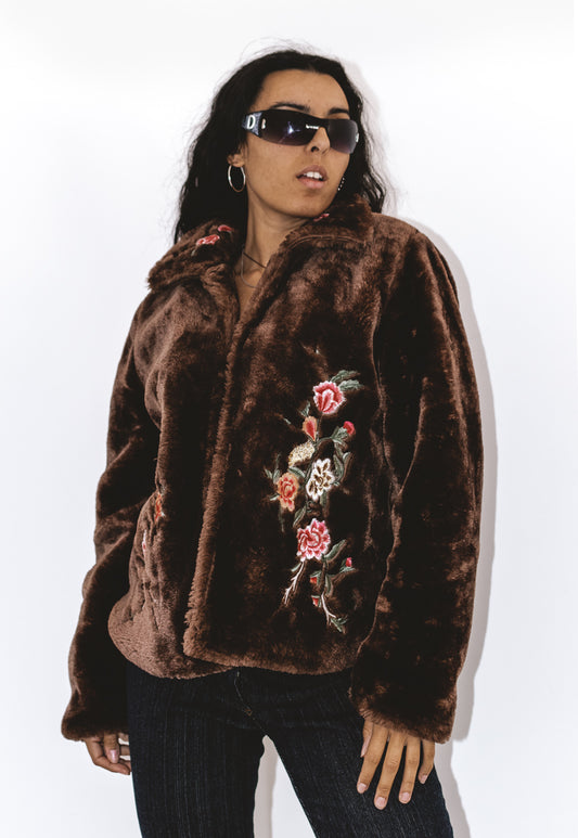 Vintage Y2K Embroidered Brown Faux Fur Jacket