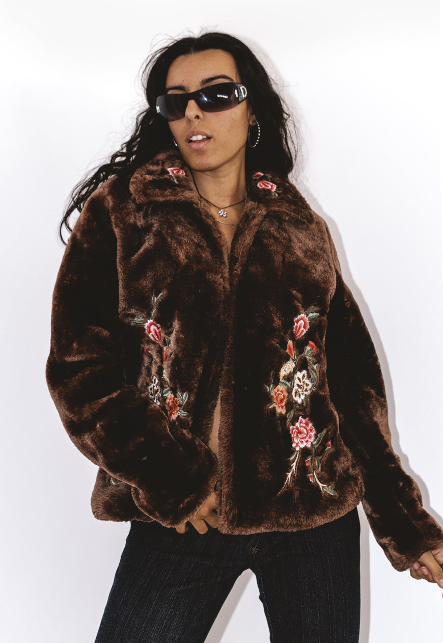 Vintage Y2K Embroidered Brown Faux Fur Jacket