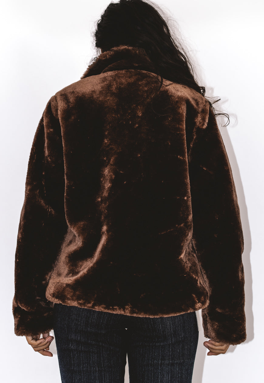 Vintage Y2K Embroidered Brown Faux Fur Jacket