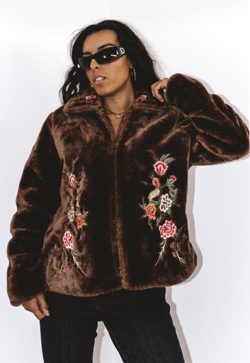 Vintage Y2K Embroidered Brown Faux Fur Jacket