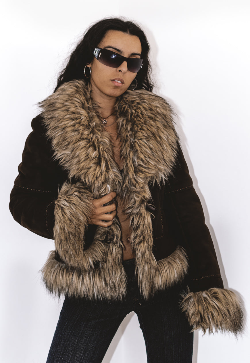 Vintage Super Fluffy Faux Fur Trim Jacket