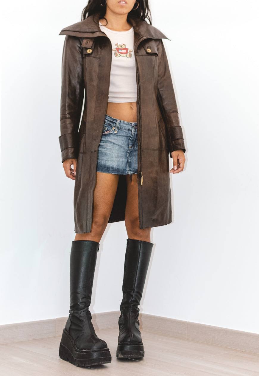 Y2k Real Leather Vintage Long Jacket in Brown