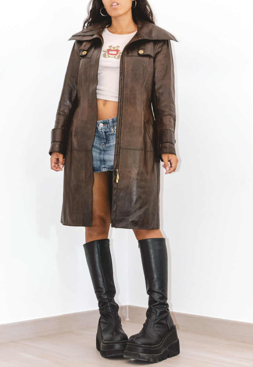 Y2k Real Leather Vintage Long Jacket in Brown