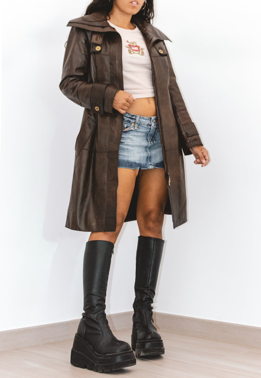 Y2k Real Leather Vintage Long Jacket in Brown