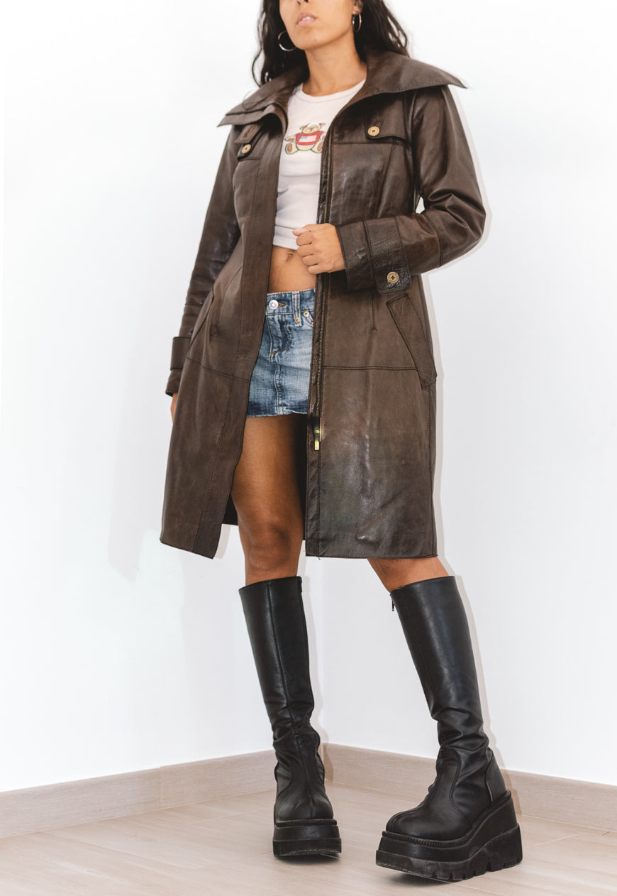 Y2k Real Leather Vintage Long Jacket in Brown