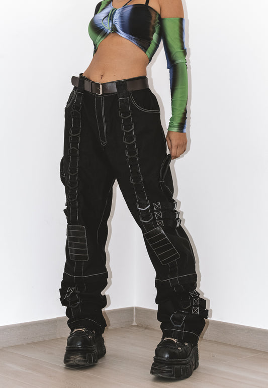 Vintage Y2k Baggy Rave Pants in Black With Buckles