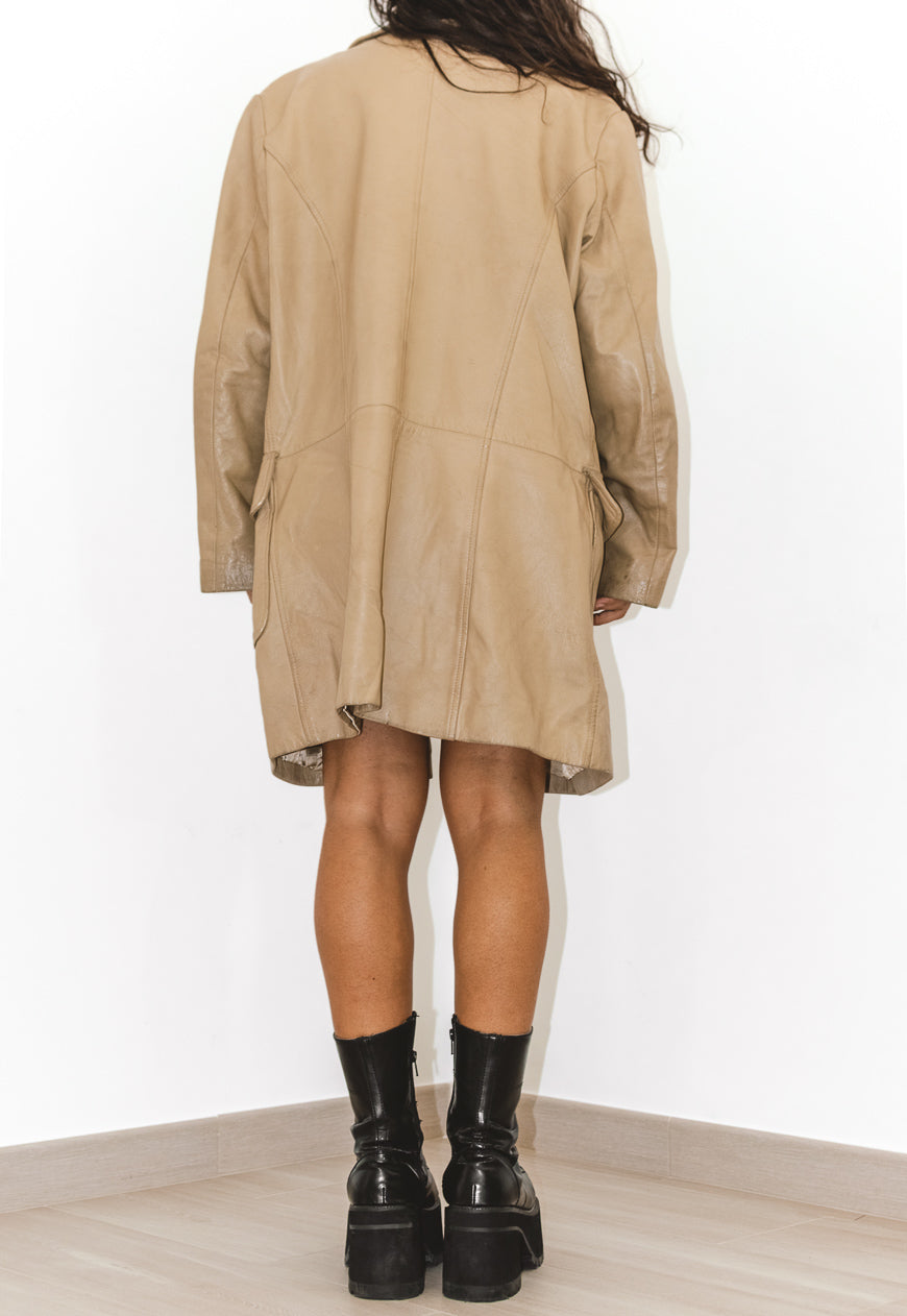 Vintage Y2K Real Leather Trench Coat Jacket In Beige