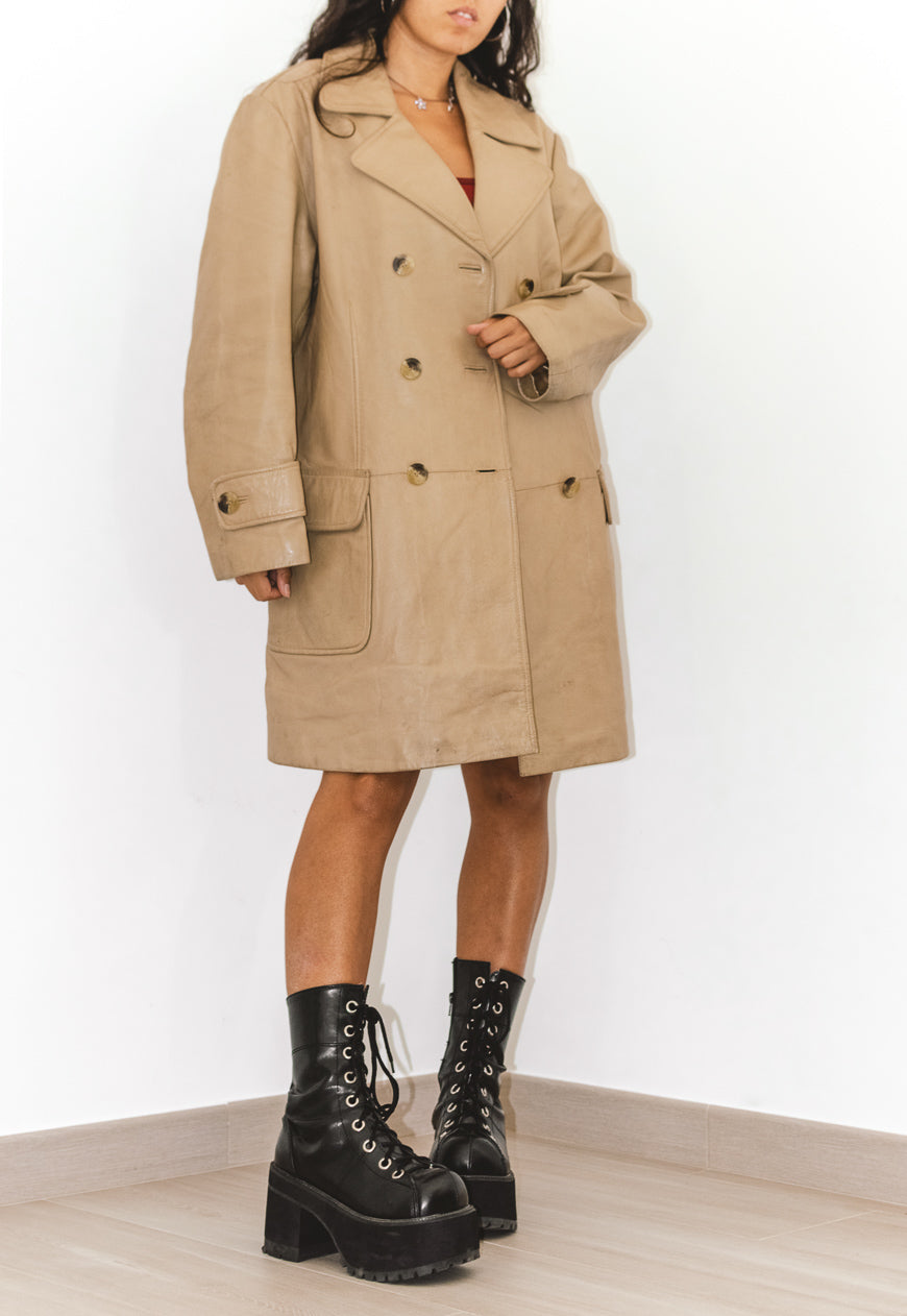 Vintage Y2K Real Leather Trench Coat Jacket In Beige