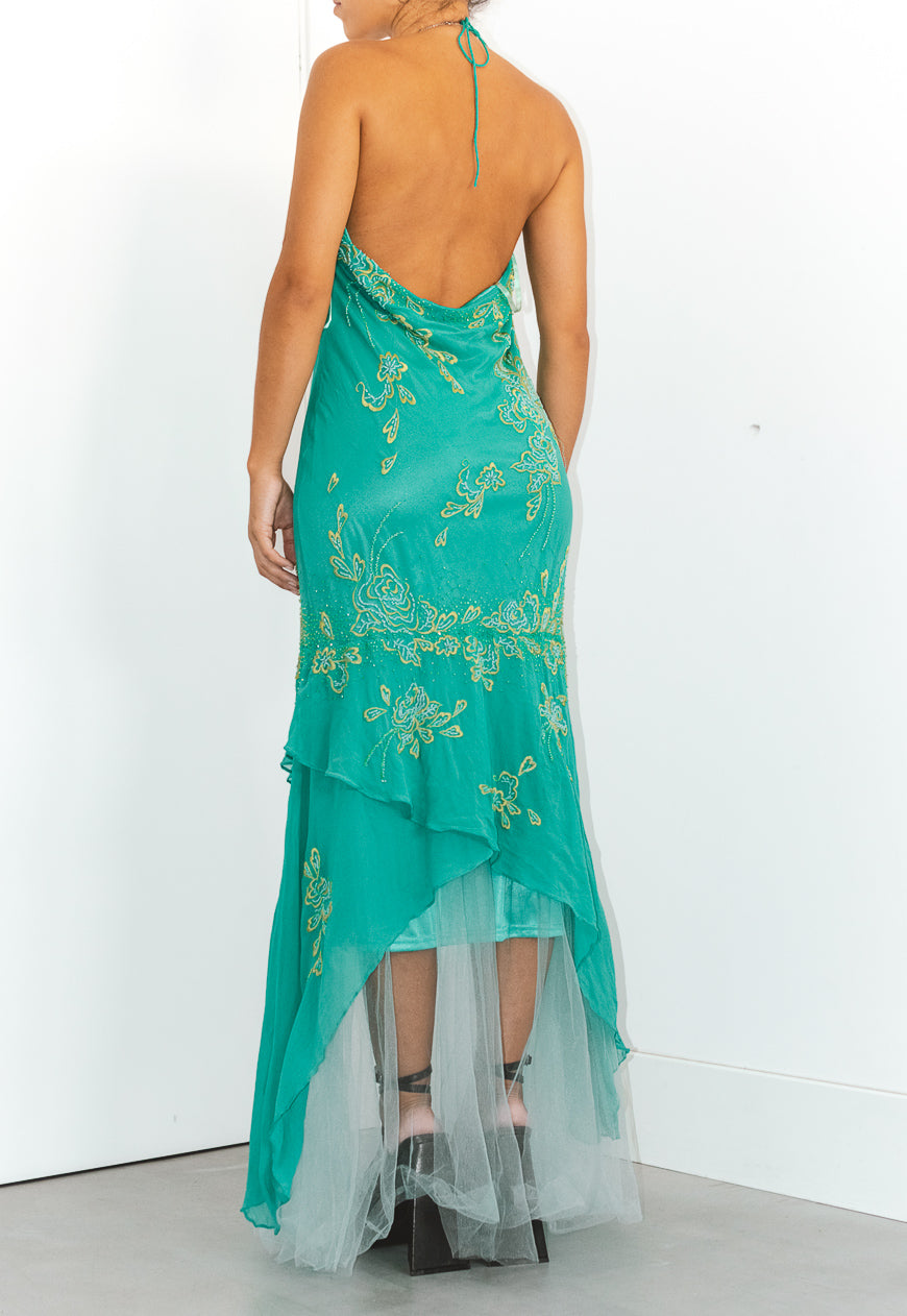 Vintage 90s Stunning Silk Embroidered Halter Neck Maxi Dress