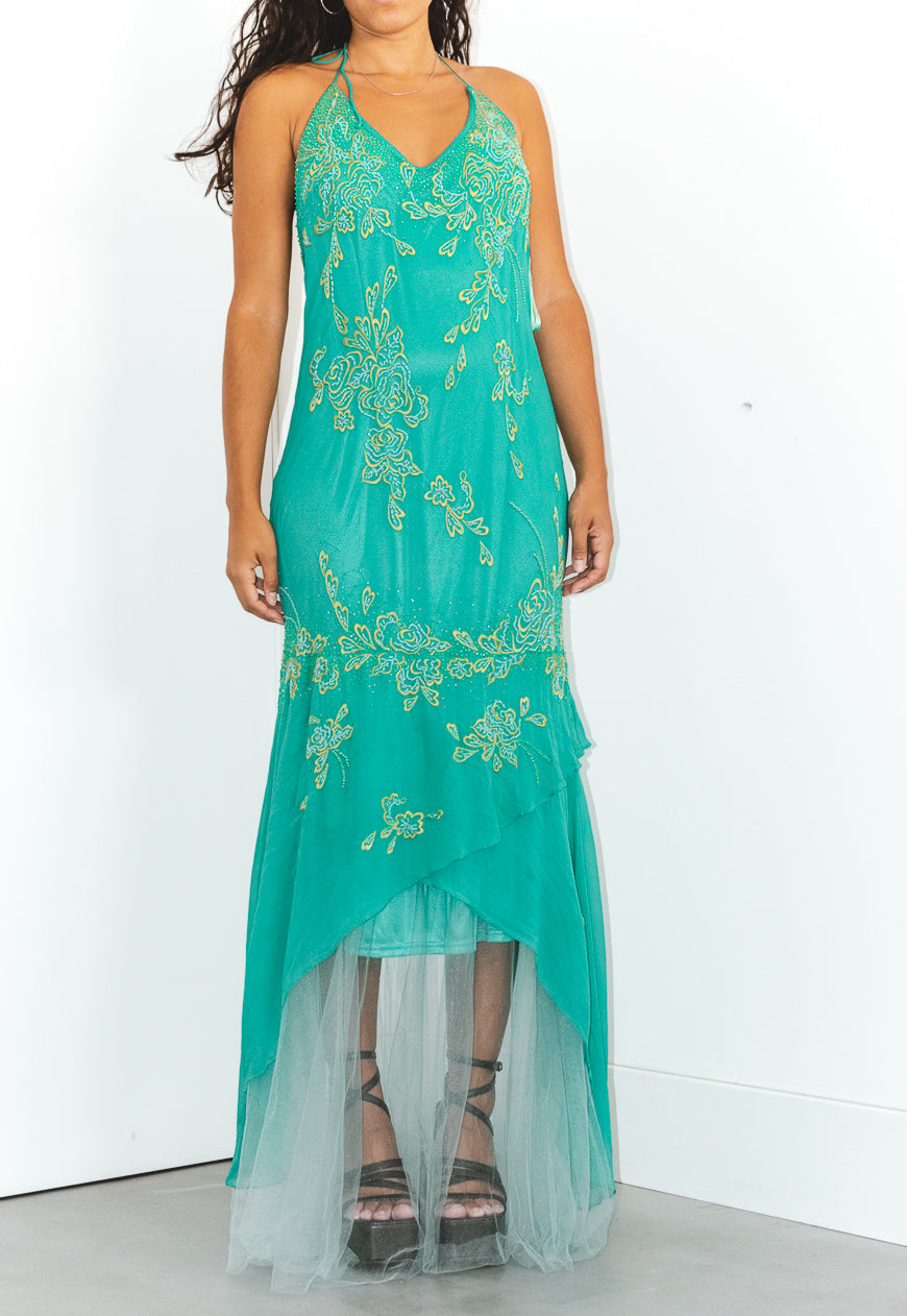 Vintage 90s Stunning Silk Embroidered Halter Neck Maxi Dress