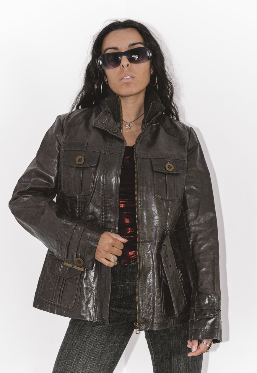 Y2k Zip Up Vintage Leather High Neck Jacket in Brown