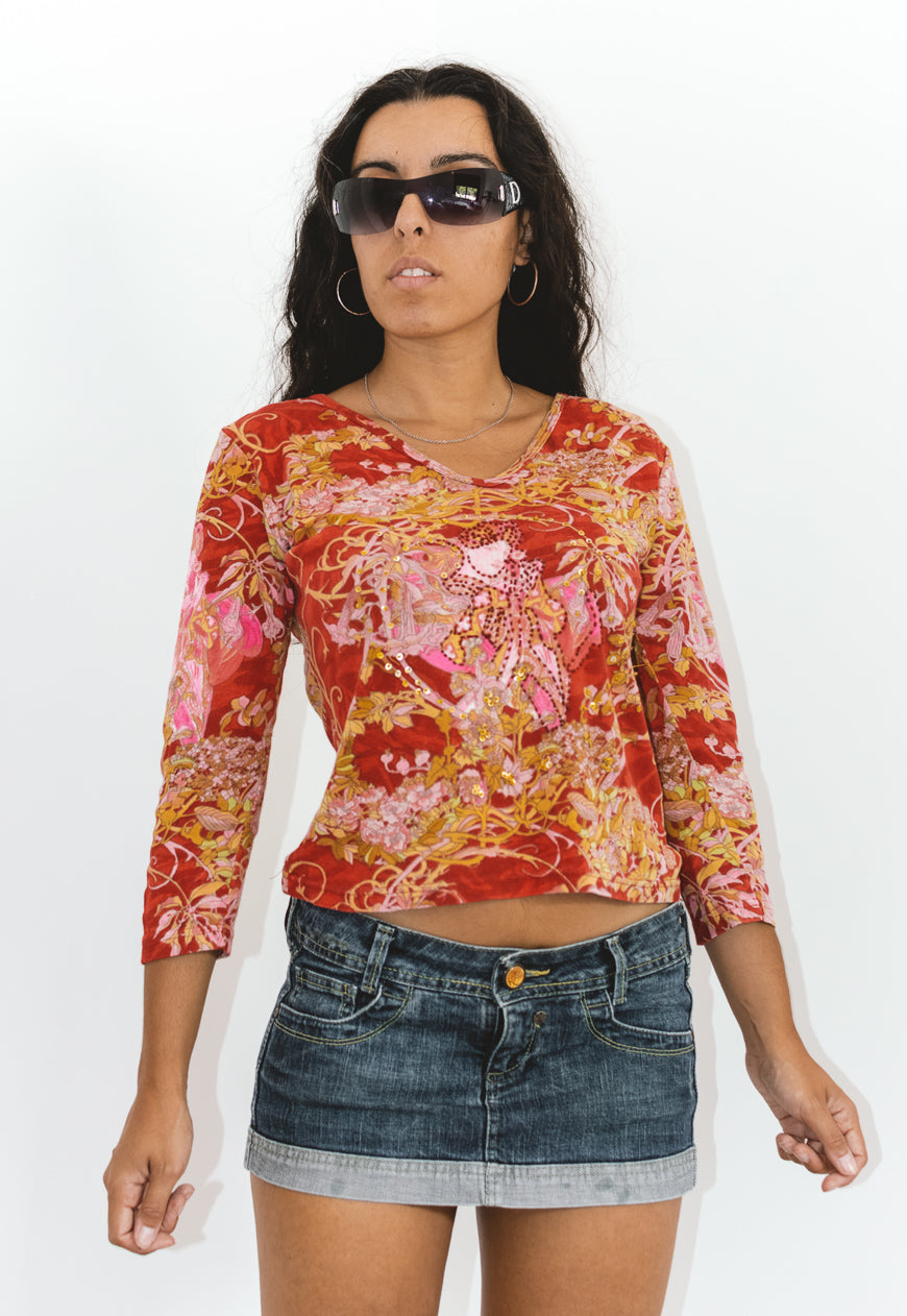 Vintage Long Sleeves Y2K Paisley Tee With Pearls