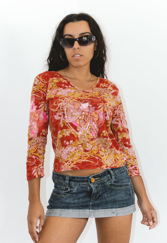 Vintage Long Sleeves Y2K Paisley Tee With Pearls