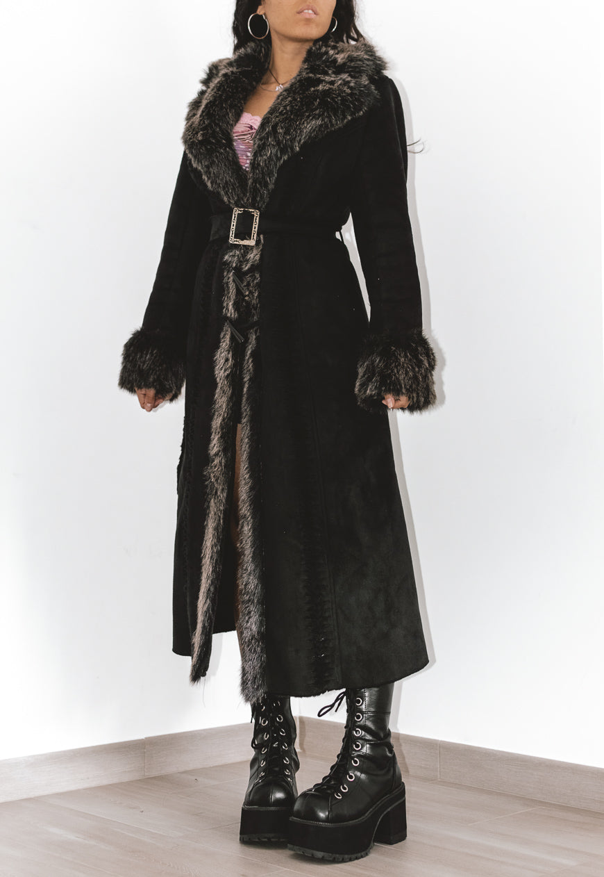 Vintage Belted Longline Black Afghan Coat