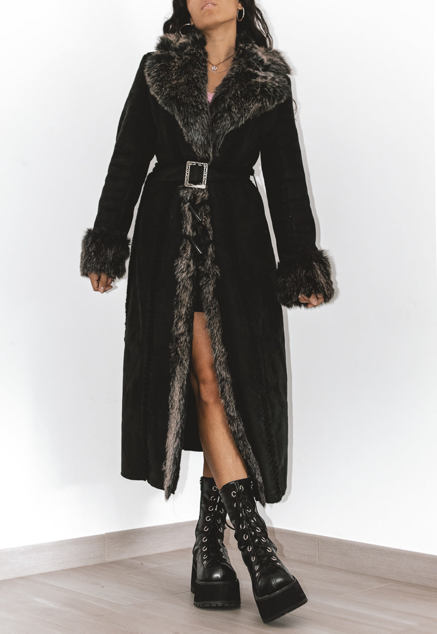 Vintage Belted Longline Black Afghan Coat