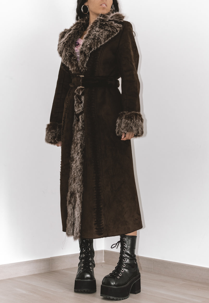 Vintage Long Afghan Coat in Brown with Belt