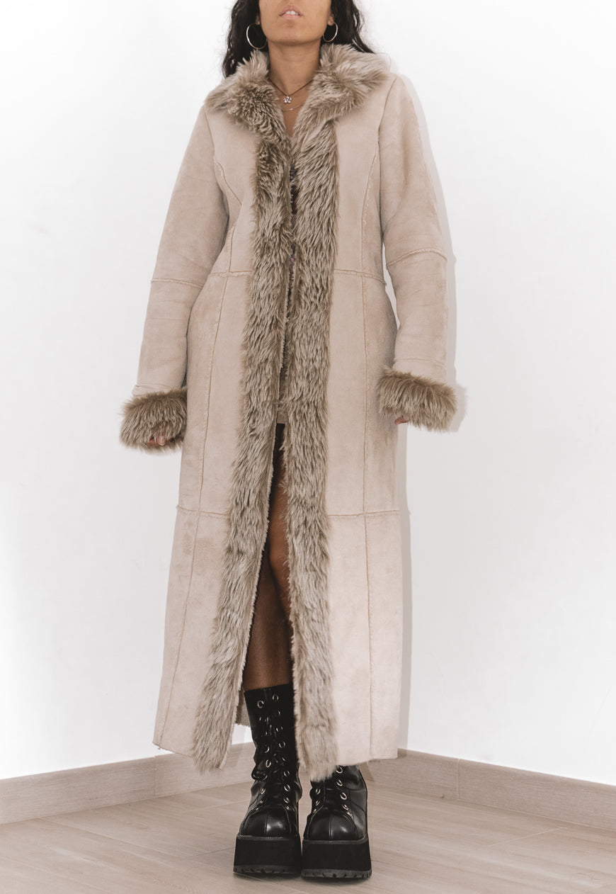 Vintage Creamy Longline Shearling Coat