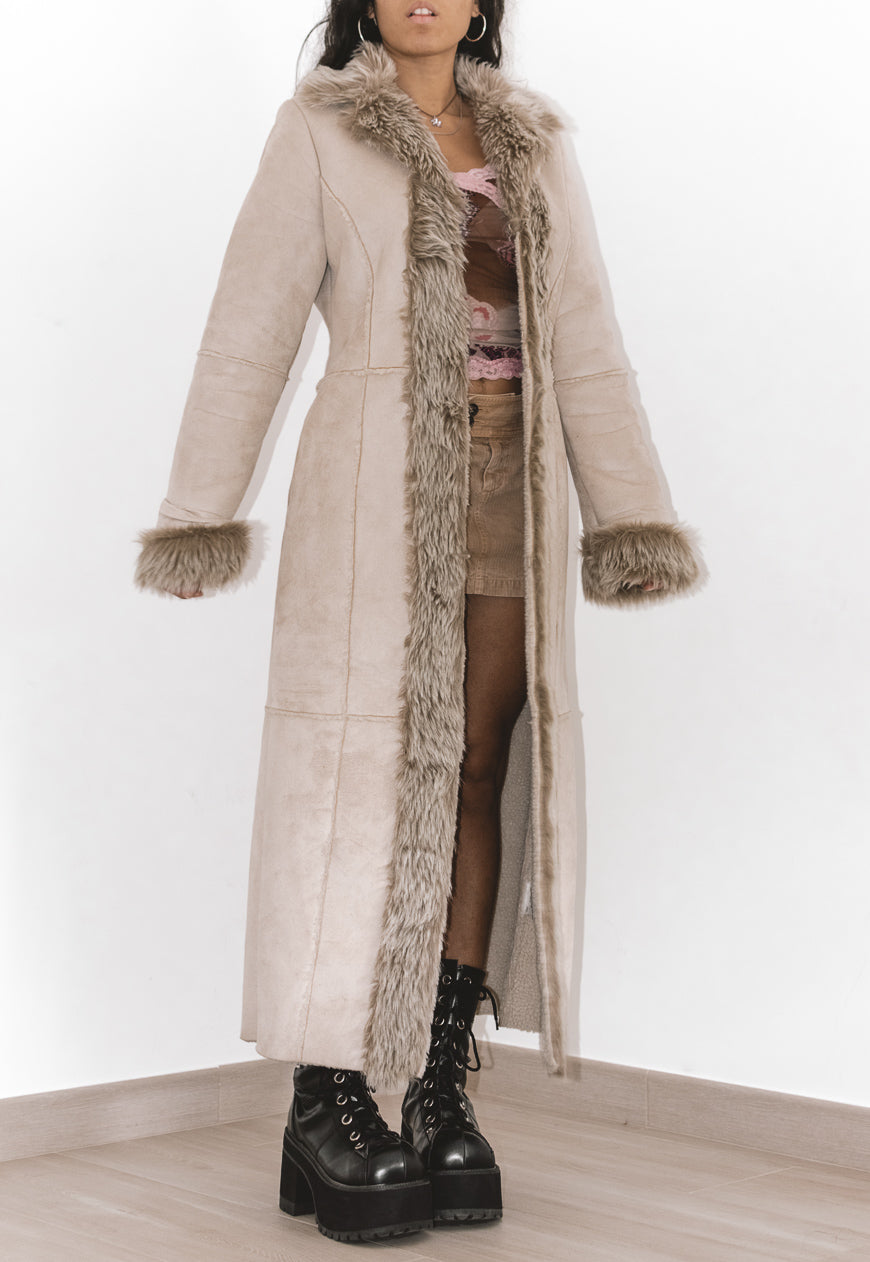 Vintage Creamy Longline Shearling Coat